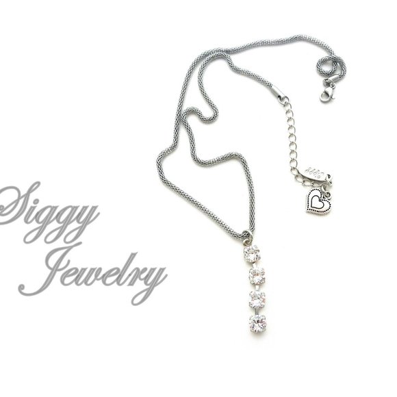 Swarovski Crystal Drop Necklace on Rhodium Plated Chain, 6mm Sparkly Crystals - Picture 3 of 6